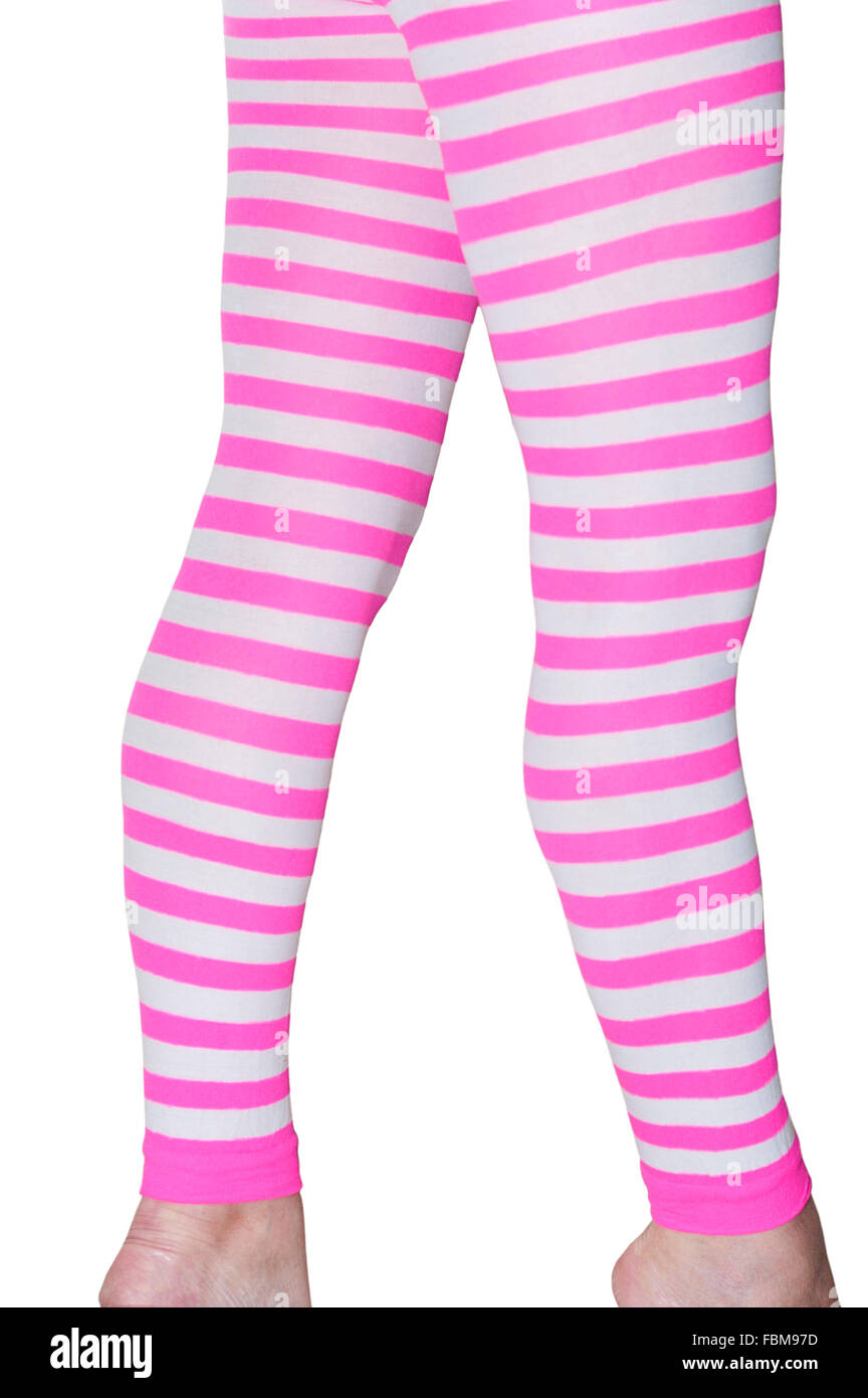 Womens Legs In White and Pink Stripe Footless Tights Stock Photo