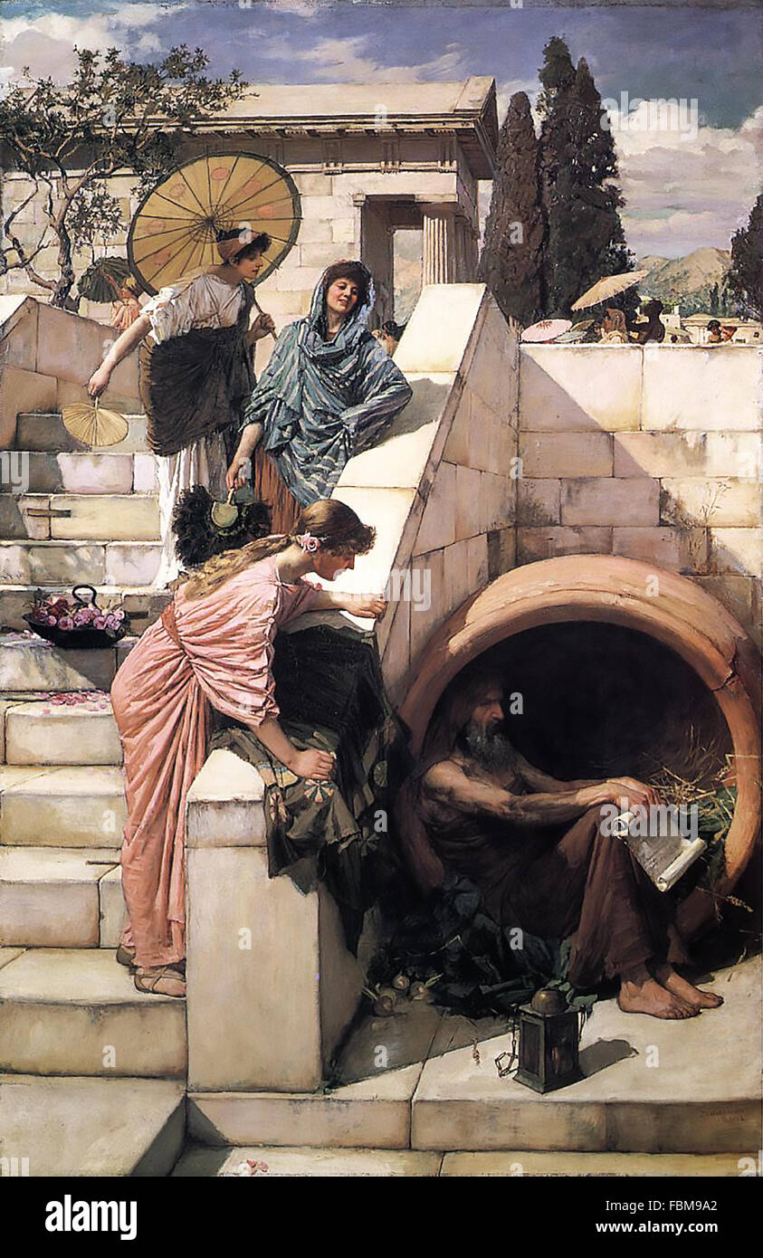 DIOGENES OF SINOPE (c 404-323 BCE) Greek philosopher in his barrel painted by John Waterhouse in 1882 Stock Photo