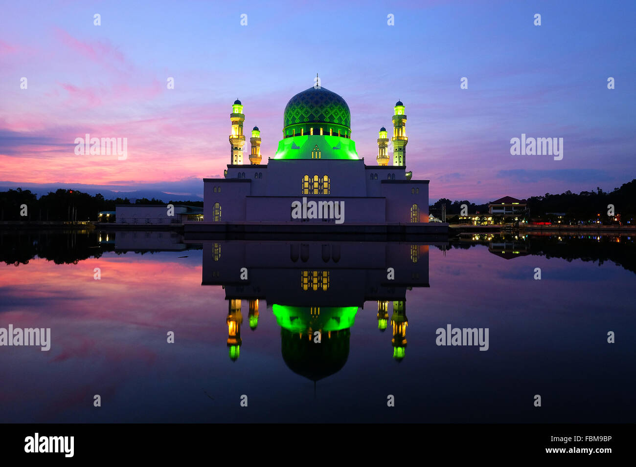 Floating Mosque at night,  Kota Kinabalu city, Sabah, Malaysia Stock Photo