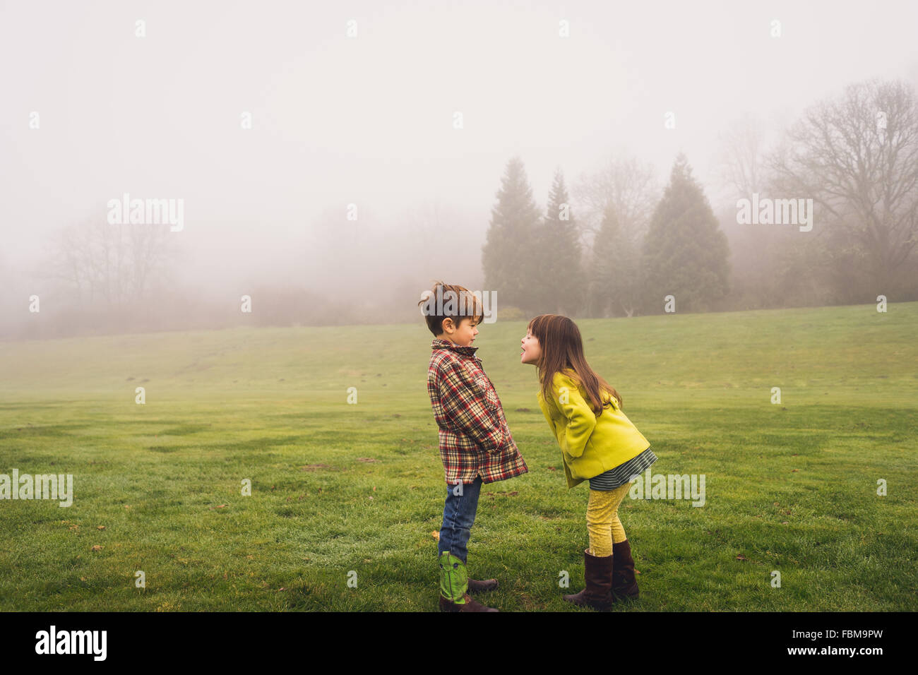 Boy and girl standing face to face in park on a foggy day Stock Photo