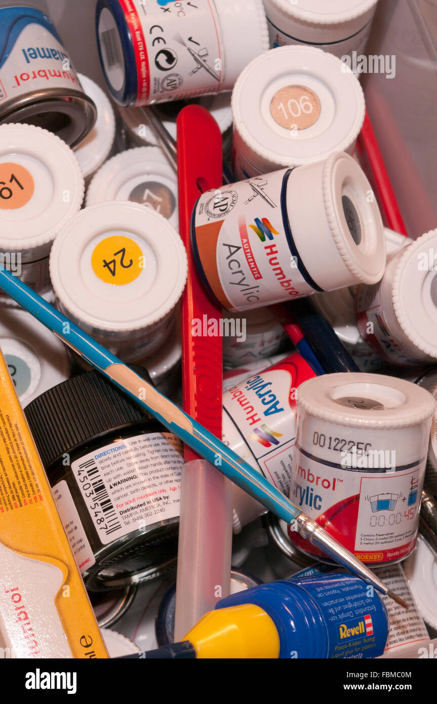 Plastic Modeling Equipment Paints Brushes Glue Craft Knife Stock Photo