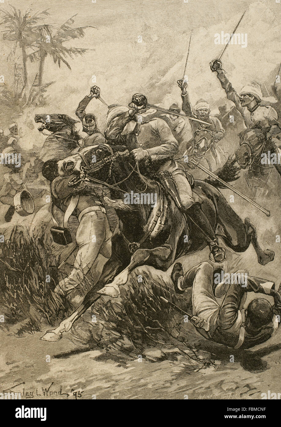 India. Sepoy Rebellion (1857). India revolution that erupted as a reaction against British colonial policy. In 1857 the sepoys revolted and deprived of all authority to the East India Company (1858). Charging the British Cavalry in Lucknow, 1857. Drawing by Stanley L. Wood. Ilustración Ibérica, 1898 Stock Photo