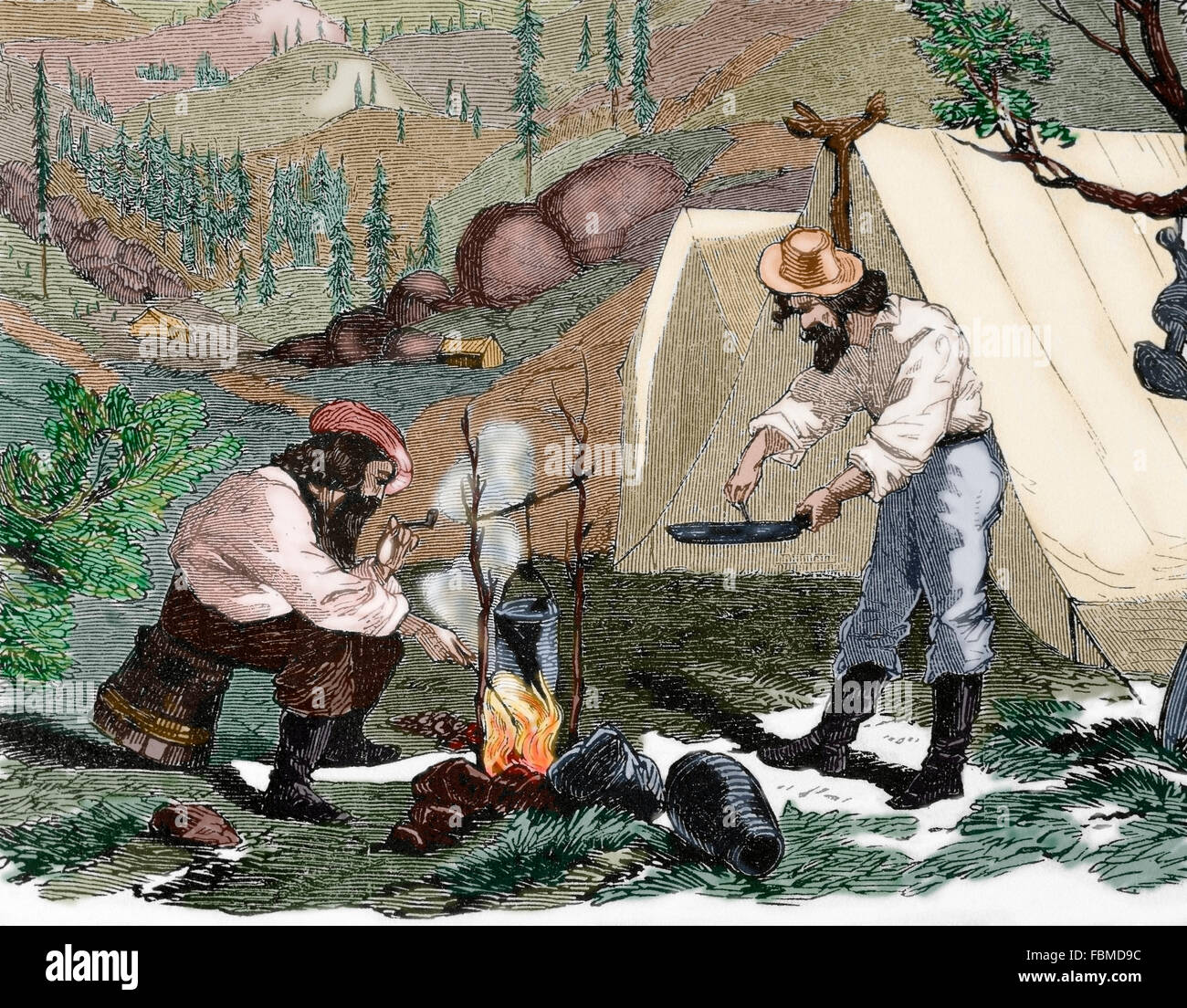 USA. Gold Rush. 19th century. Gold prospectors cook at the camp by
