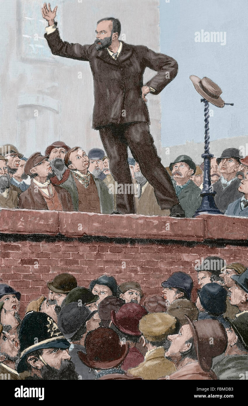 United Kingdom. England. Socialist rally in the streets of London. Engraving by H. Thomson, 1892. Colored. Stock Photo