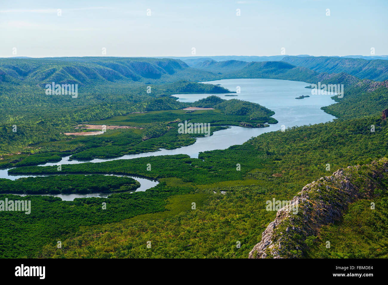 Aerial view of a lake and escarpments in the Kimberley region,  Australia Stock Photo