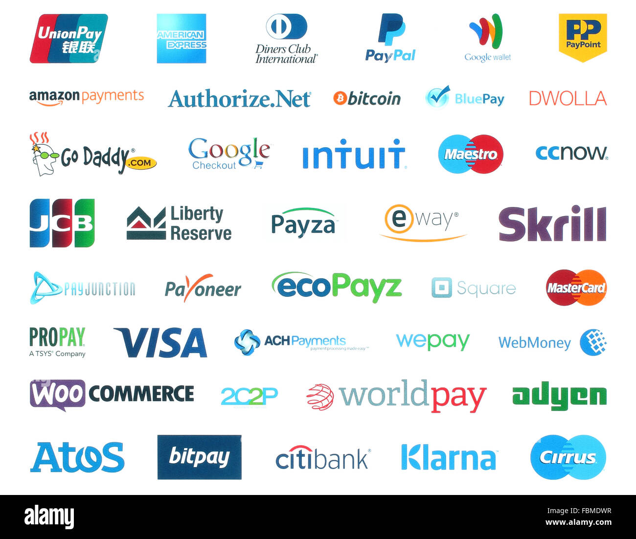 Kiev, Ukraine - January 11, 2016: Collection of popular payment system logos printed on white paper:PayPal, Google Wallet, Bitco Stock Photo