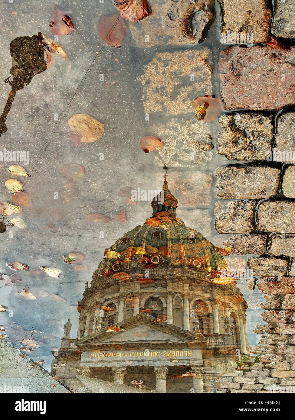 Reflection of the Marble church in a puddle, Copenhagen, Denmark Stock Photo