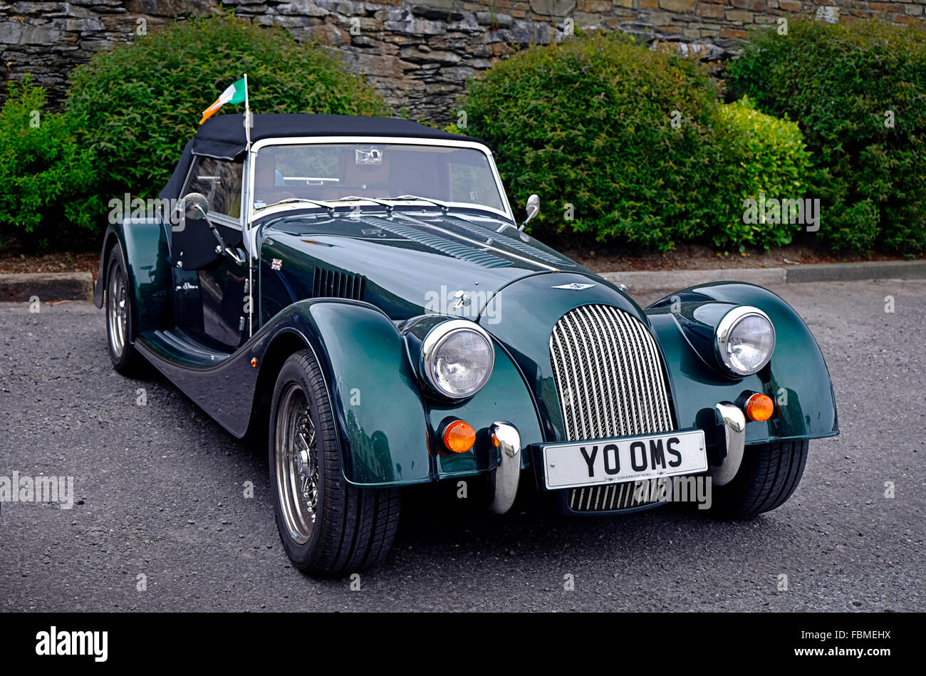 Racing green colored Morgan sports car pictured in West Cork Ireland.  British made famous marque Stock Photo