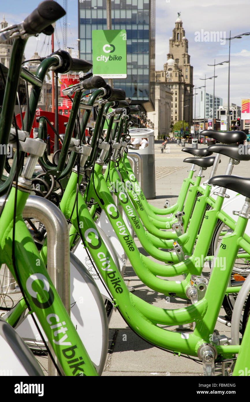 Row of City Bikes available for short-term use by members of the public - Liverpool, UK. Stock Photo