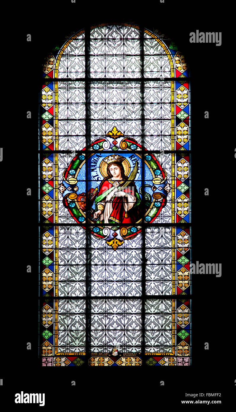 Stained-glass window in cathedral of St Teresa of Avila in Subotica, Serbia Stock Photo