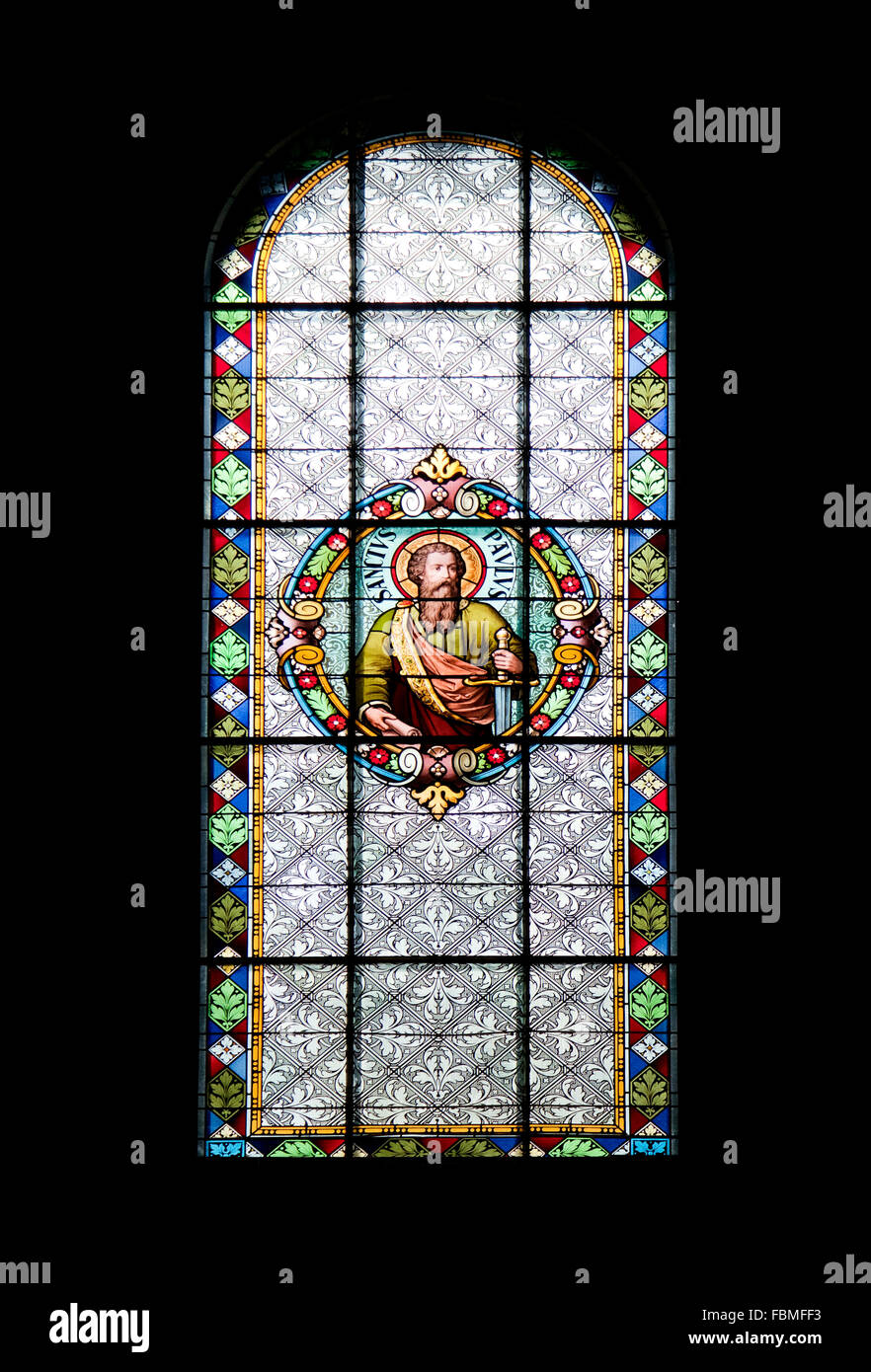 Stained-glass window in cathedral of St Teresa of Avila in Subotica, Serbia Stock Photo