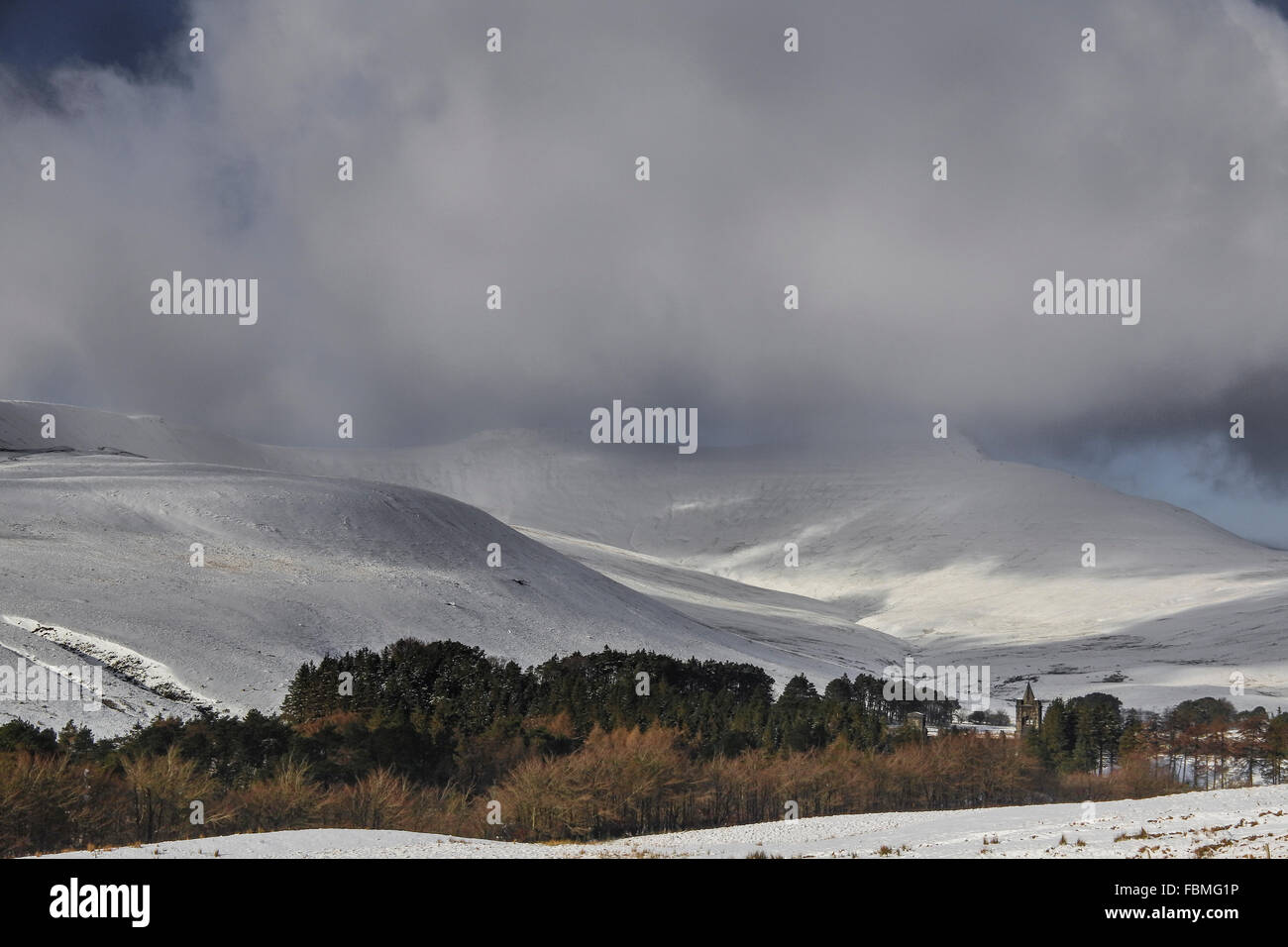 Snow-covered Pen y Fan, Corn Du and Cribyn viewed from the south in the ...