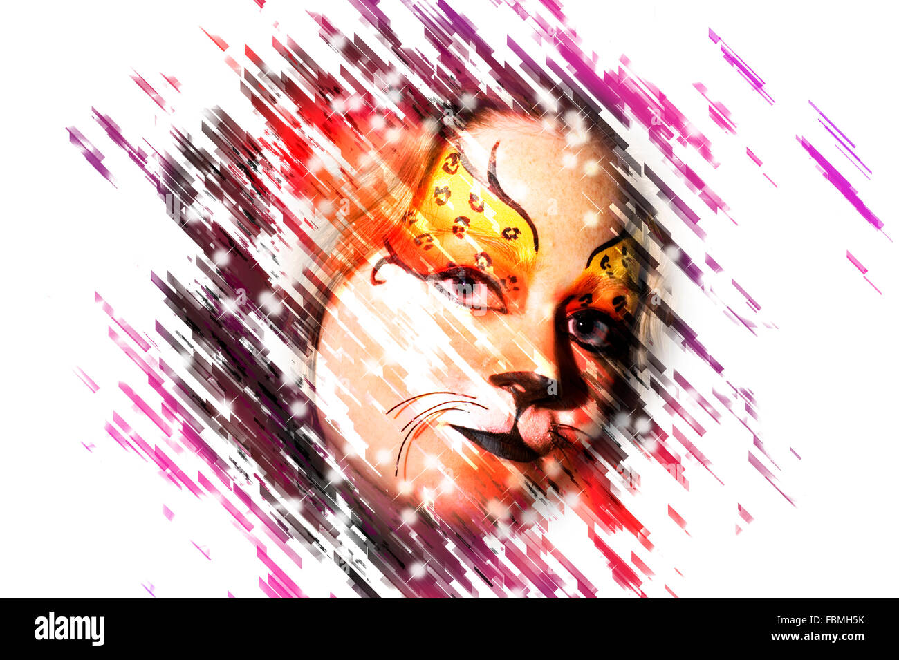 Digitally manipulated young teenage female model with elaborate tiger make up mask Stock Photo