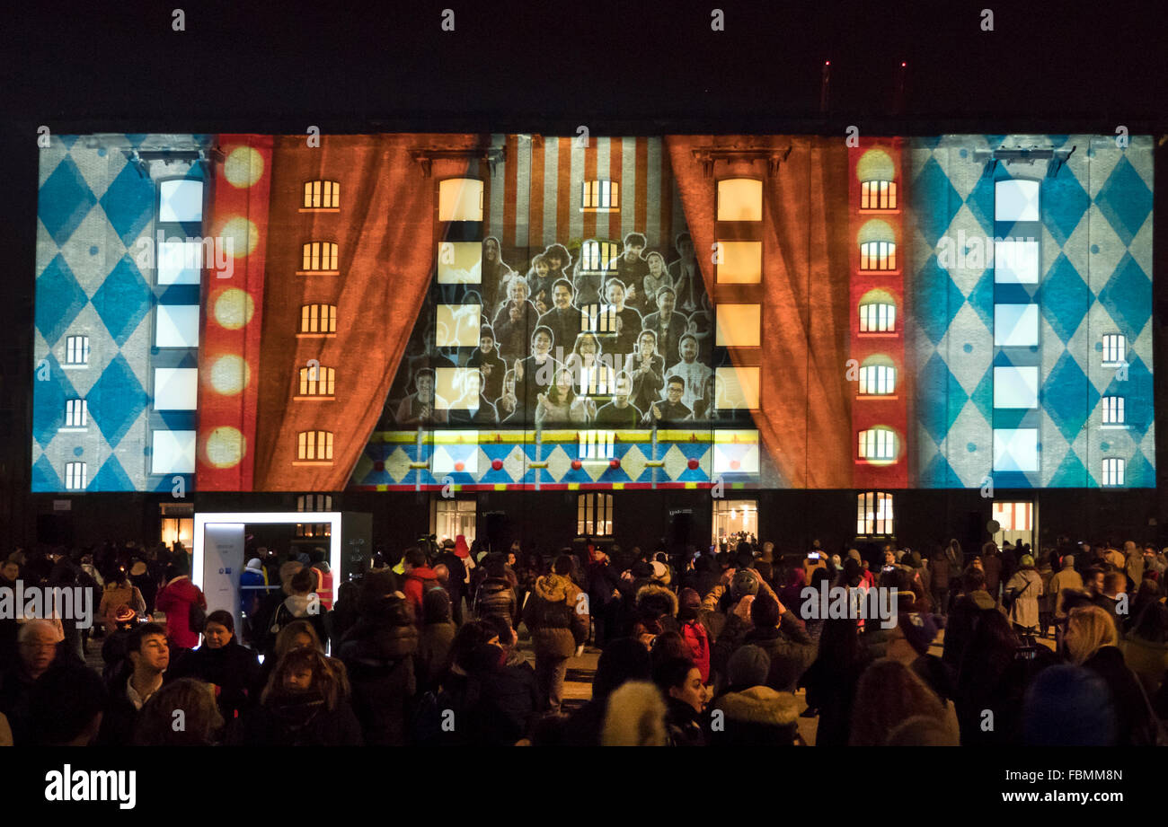 Lumiere London light festival 2016. Circus of Light on the Granary Building Kings Cross London UK Stock Photo