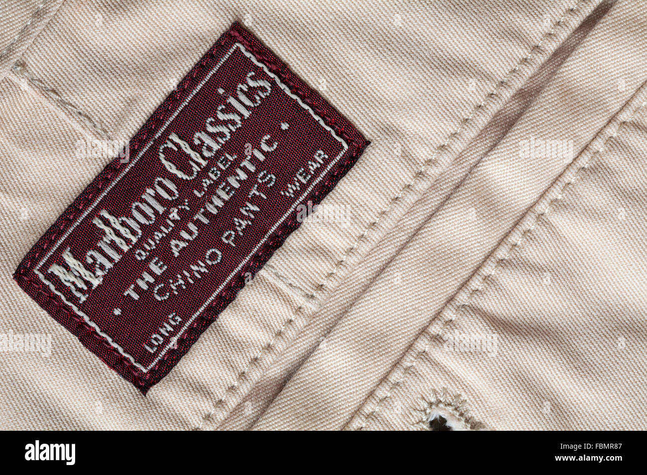 Marlboro Classics quality label the authentic Chino pants label on mans trousers Stock Photo