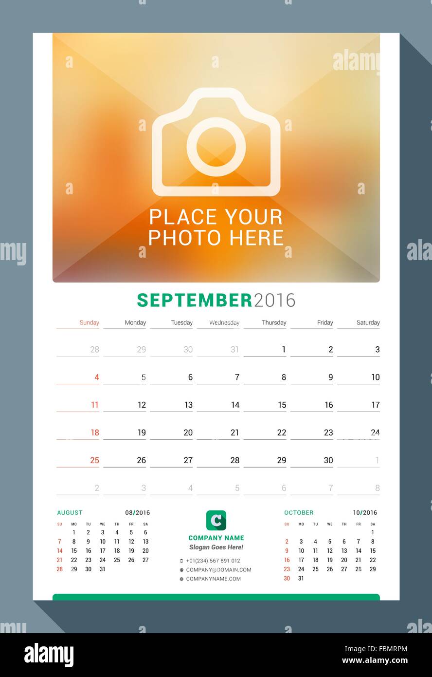 September 2016. Wall Monthly Calendar for 2016 Year. Vector Design Print Template with Place for Photo. Week Starts Sunday. 3 Mo Stock Vector