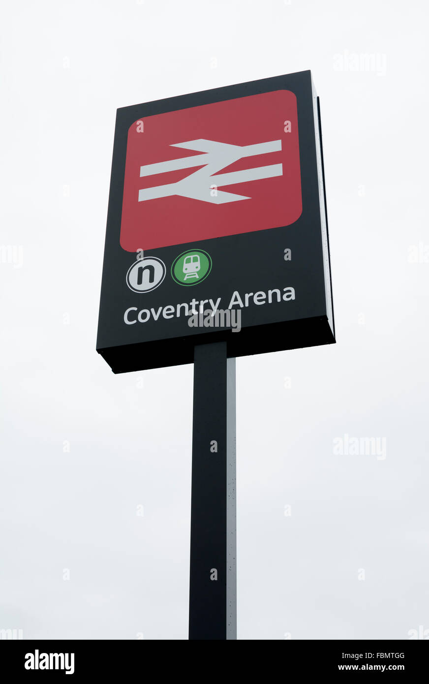 Coventry, UK. 18th January, 2016. The station sign at Coventry Arena railway station on its official opening day. Another station, Bermuda Park on the same line is also officially opened on this day forming part of a multi-million pound scheme to develop trainsport links between Coventry and Nuneaton. The Coventry Arena station is adjacent to the Ricoh Arena, home of Coventry City Football Club and Wasps rugby team, and the Arena Retail Park. Credit:  Colin Underhill/Alamy Live News Stock Photo