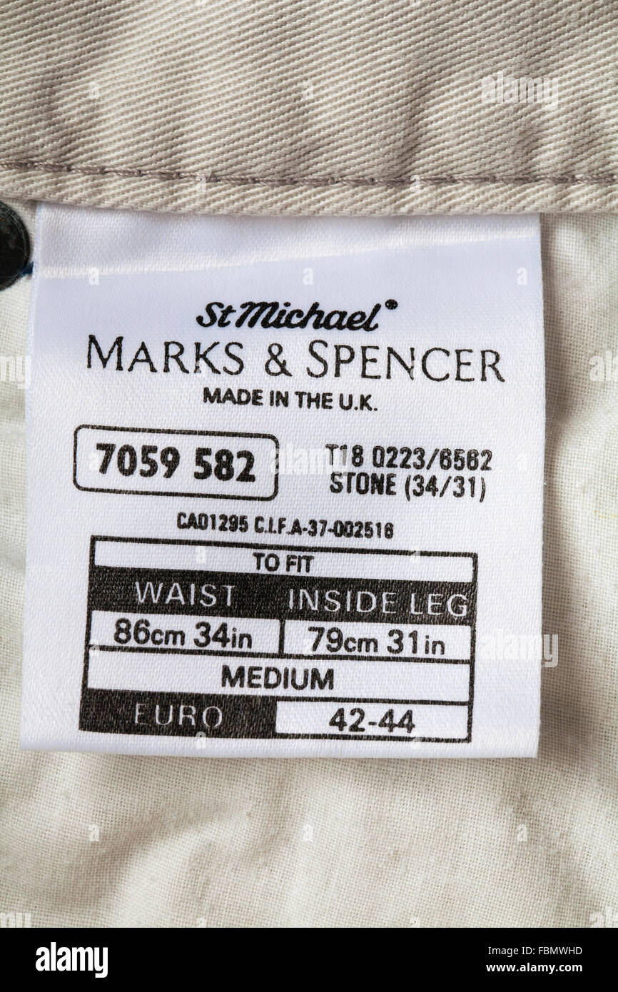label in Marks & Spencer mans trousers made in the UK Stock Photo