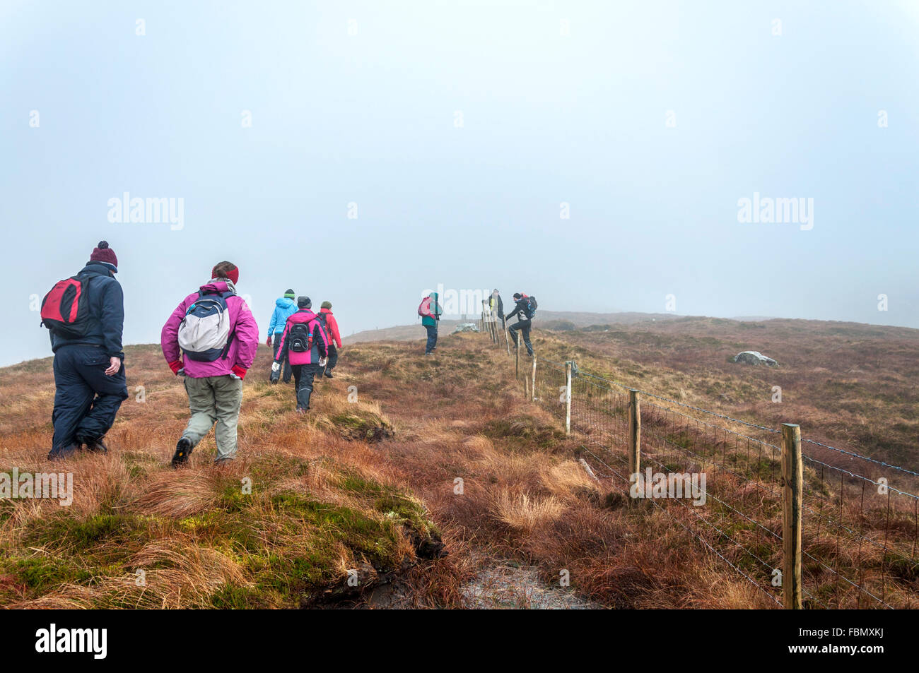 Walkers in mist on Common Mountain above Ardara, County Donegal, Ireland Stock Photo