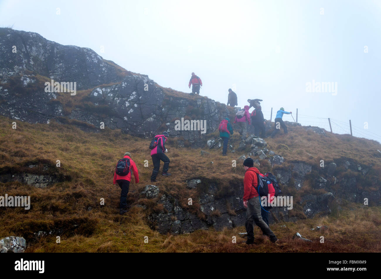 Walkers in mist on Common Mountain above Ardara, County Donegal, Ireland Stock Photo