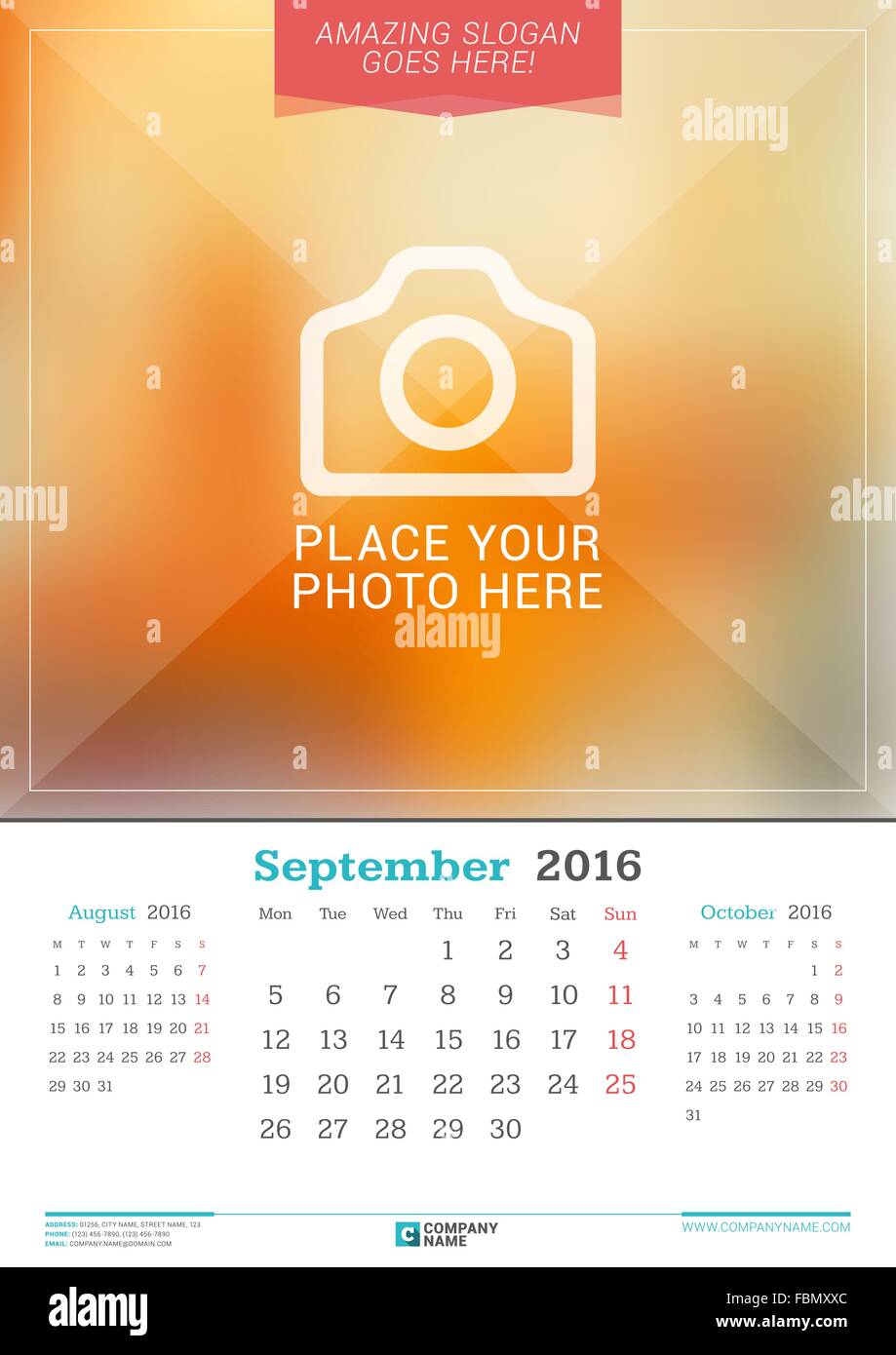 September 2016. Wall Monthly Calendar for 2016 Year. Vector Design Print Template with Place for Photo. Week Starts Monday. 3 Mo Stock Vector