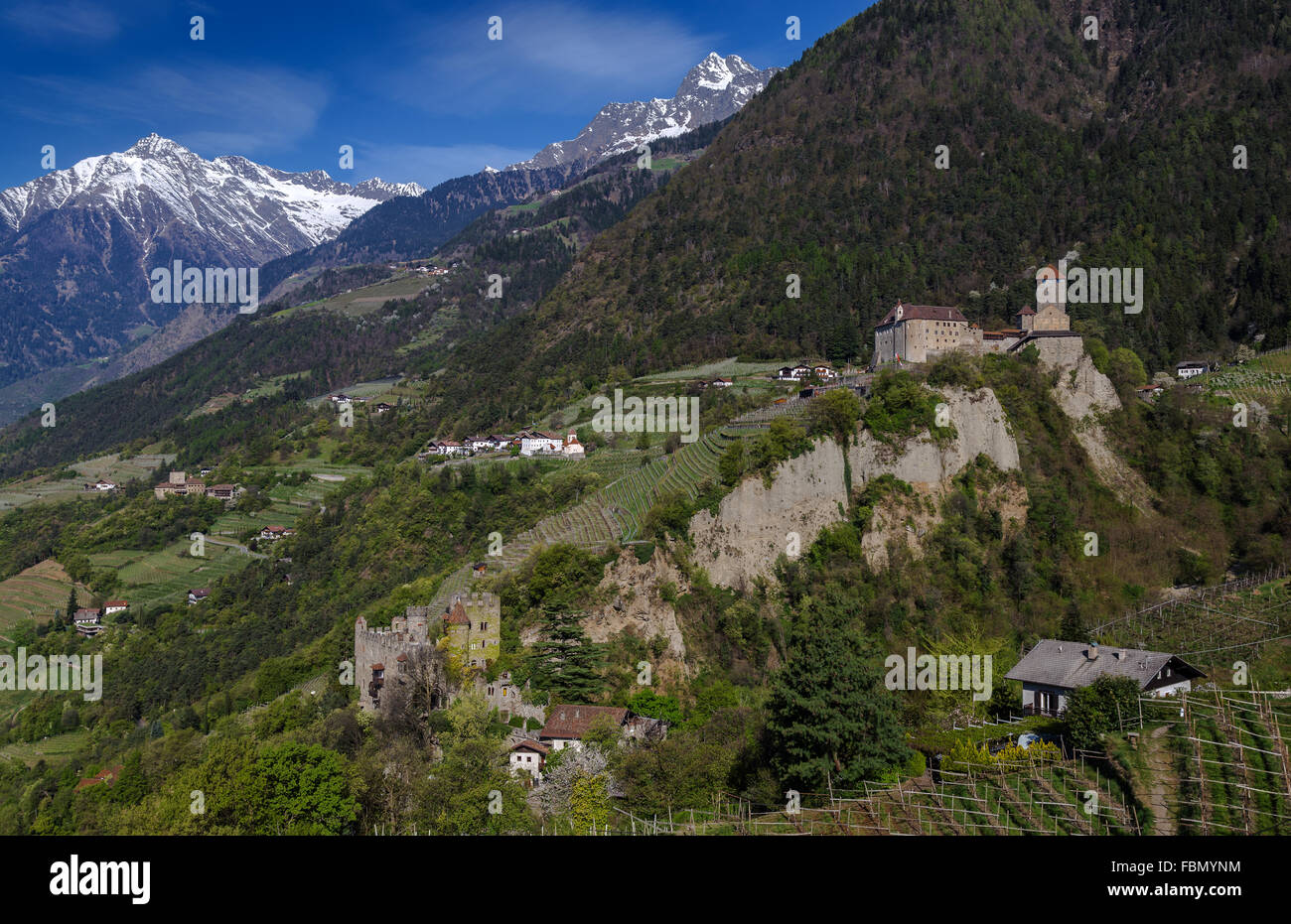 Tyrol Castle and Brunnenburg Castle, village of Tyrol near Meran, Alto Adige, Italy, Europe Stock Photo
