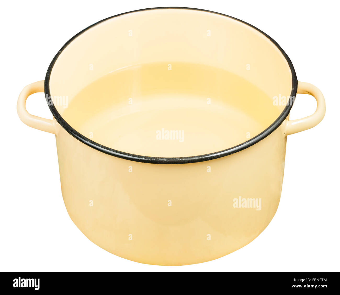 classic yellow enamel saucepot with water isolated on white background Stock Photo