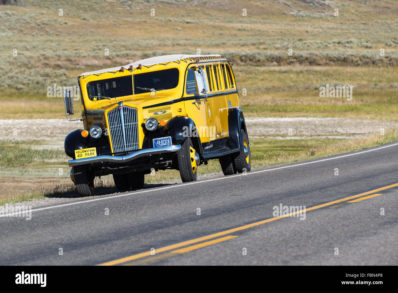 A Yellowstone shuttle bus by Hayden Valley, Yellowstone National Park, Wyoming, United States of America. Stock Photo