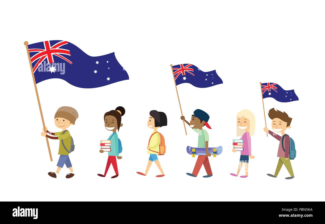 Australia Day National Flag Children Kids Walking Stock Vector