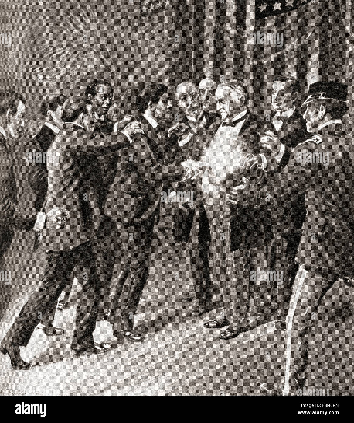 The assassination of President McKinley in 1901 by Leon Czolgosz at the Pan-American Exposition in Buffalo, New York, United States of America.  William McKinley, 1843 - 1901.  25th President of the United States, Leon Frank Czolgosz,1873 - 1901.  American anarchist. Stock Photo