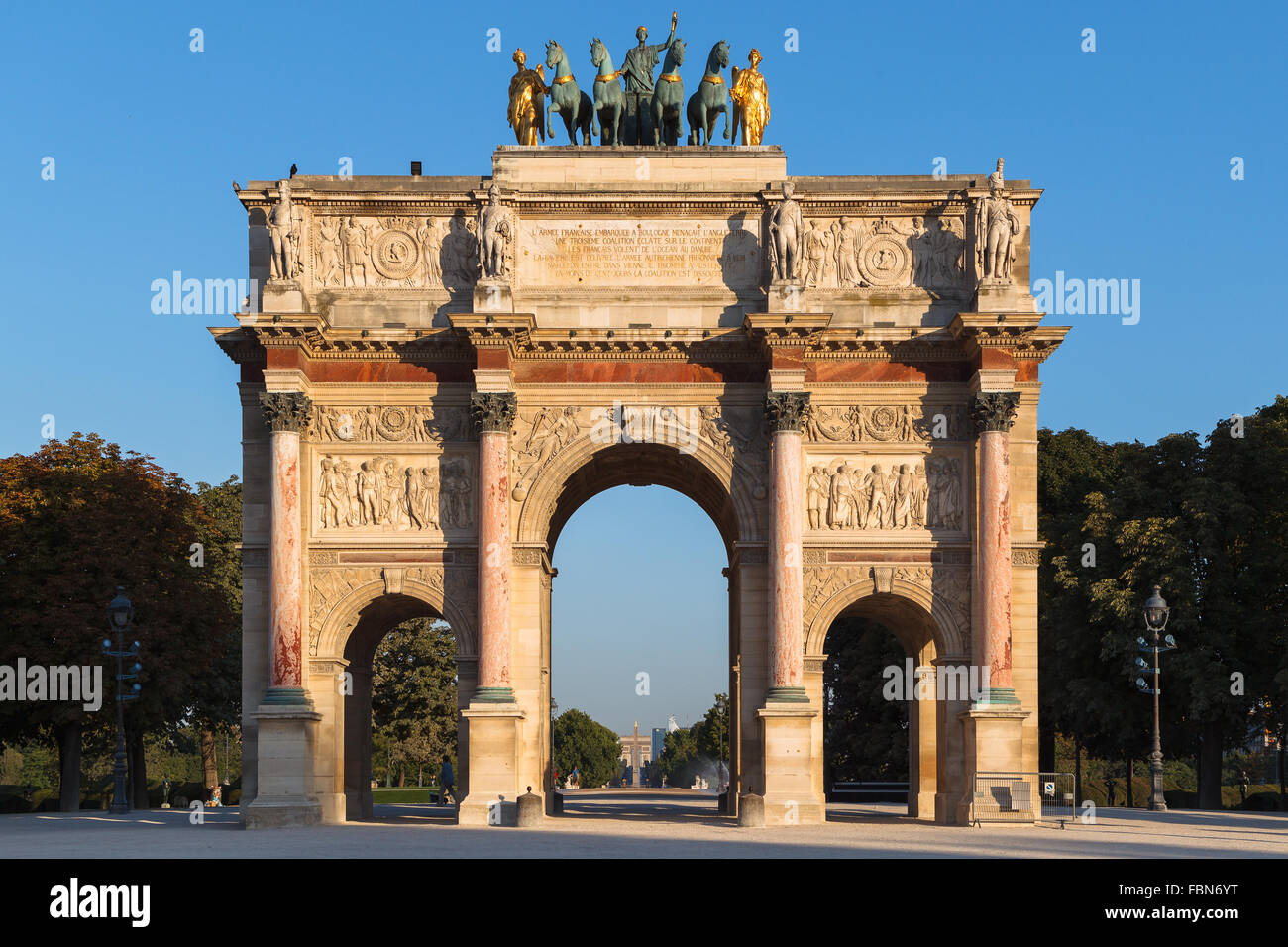 Arc de Triomphe du Carrousel early in the morning under a clear blue sky, Paris, France. Stock Photo
