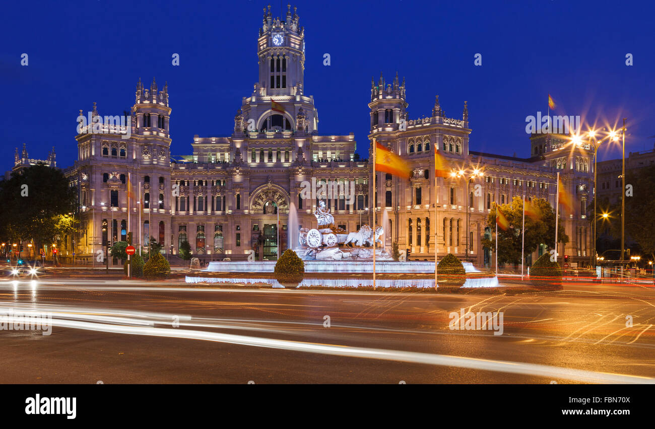 The Cibeles Fountain and Square, with the Communications Palace, by twilight, Madrid, Spain. Stock Photo