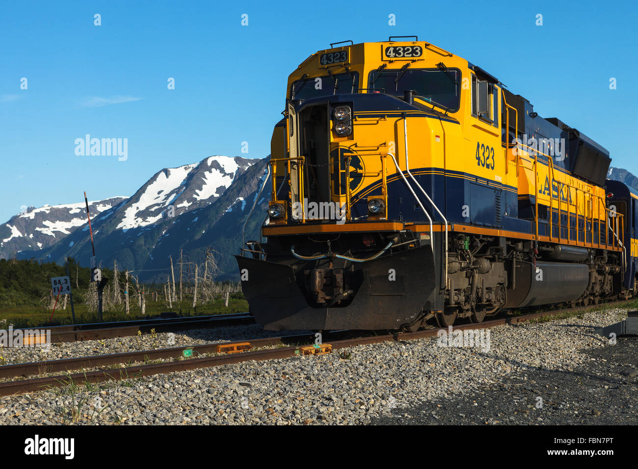 An Alaska Railroad train traveling between Seward and Anchorage by Turnagain Arm, Southcentral Alaska, United States of America Stock Photo