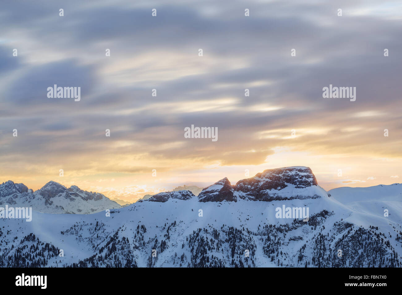 Sunset, sunrise in Alpes - european skiing resort Stock Photo