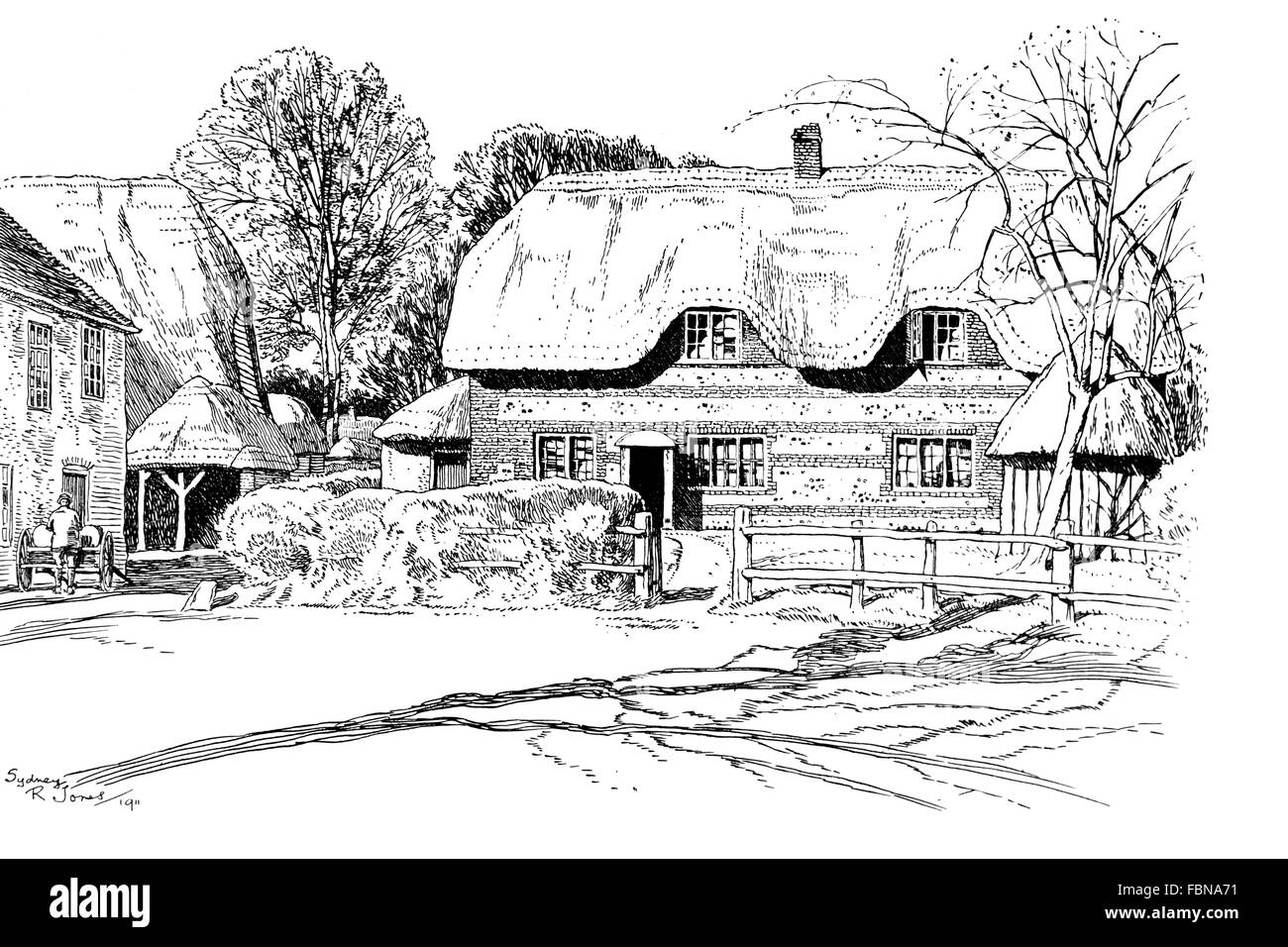 UK, England, Wiltshire, Winterbourne Earls old brick and stone thatched farmhouse, 1911 line illustration by Sydney R Jones Stock Photo