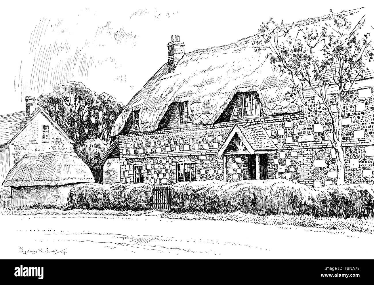 UK, England, Wiltshire, Lower, Woodford, old brick and stone farmhouse, 1911 line illustration by Sydney R Jones Stock Photo