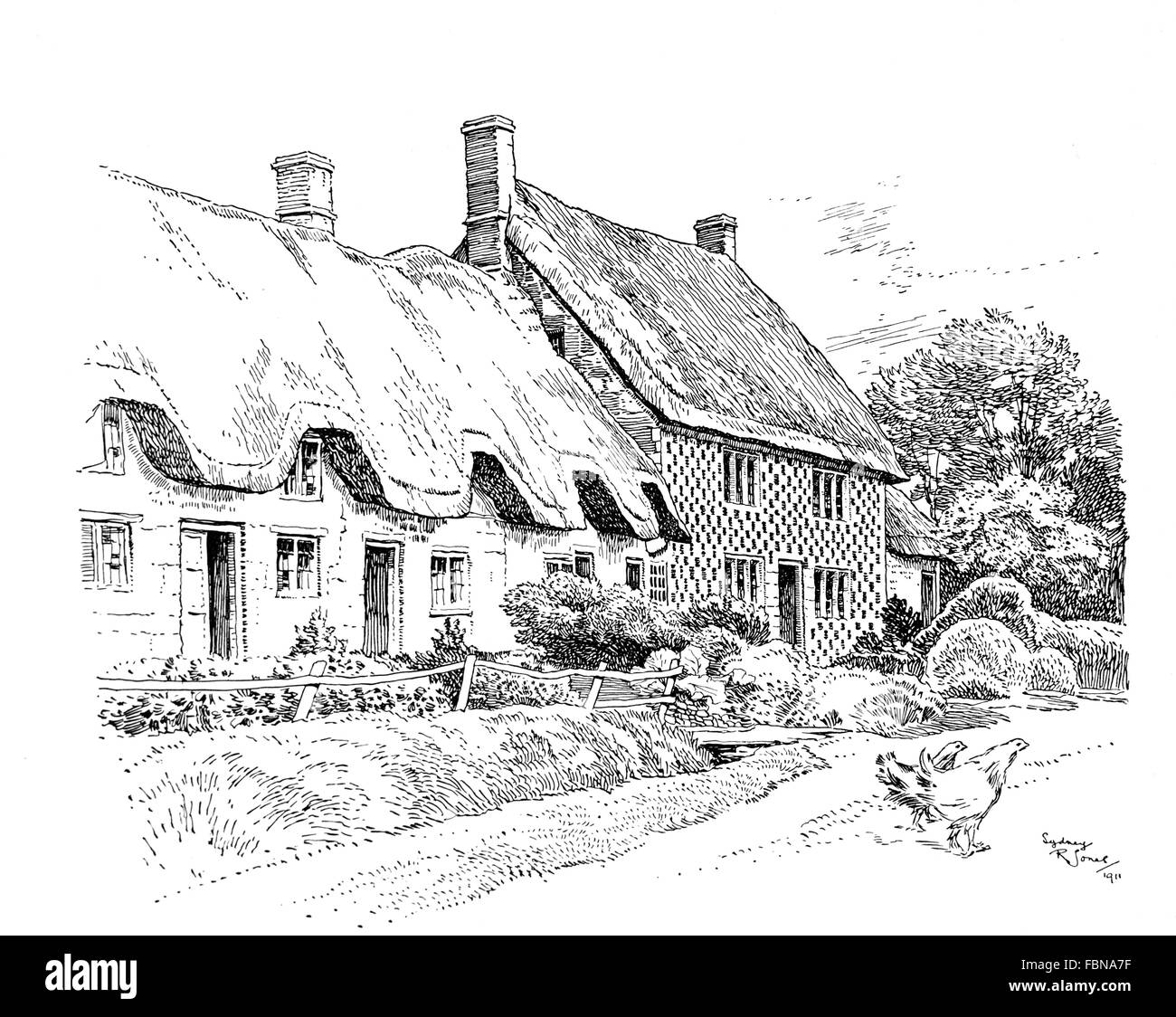 UK, England, Wiltshire, Wylfe village, old thatched cottages and farmhouse, 1911 line illustration by Sydney R Jones Stock Photo