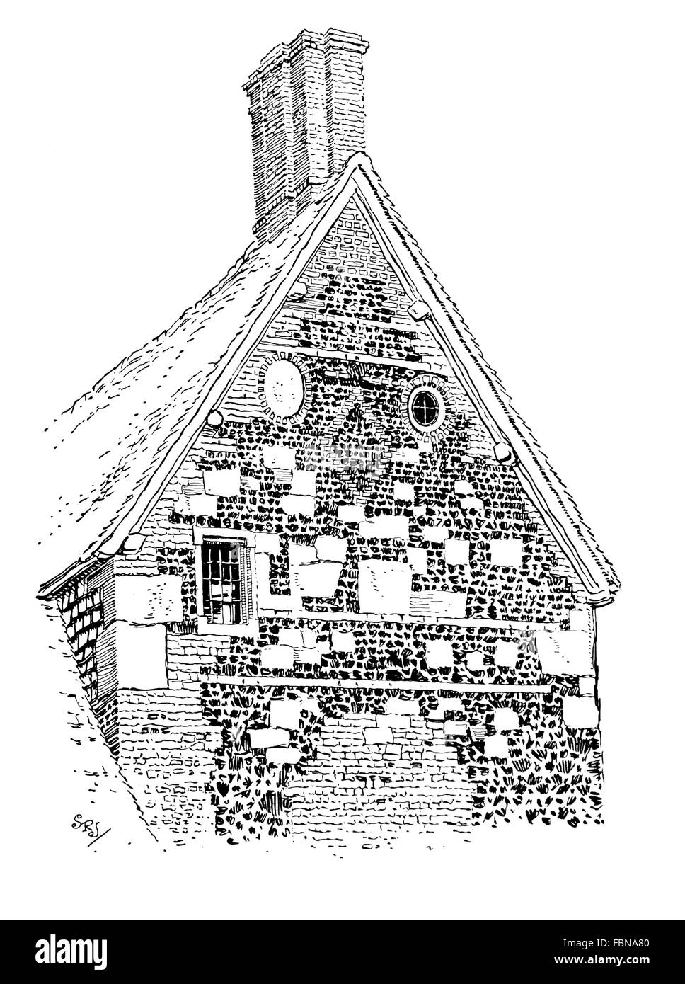 UK, England, Wiltshire, Winterbourne Ford old brick and fline gable end and chimneys 1911 line illustration by Sydney R Jones Stock Photo