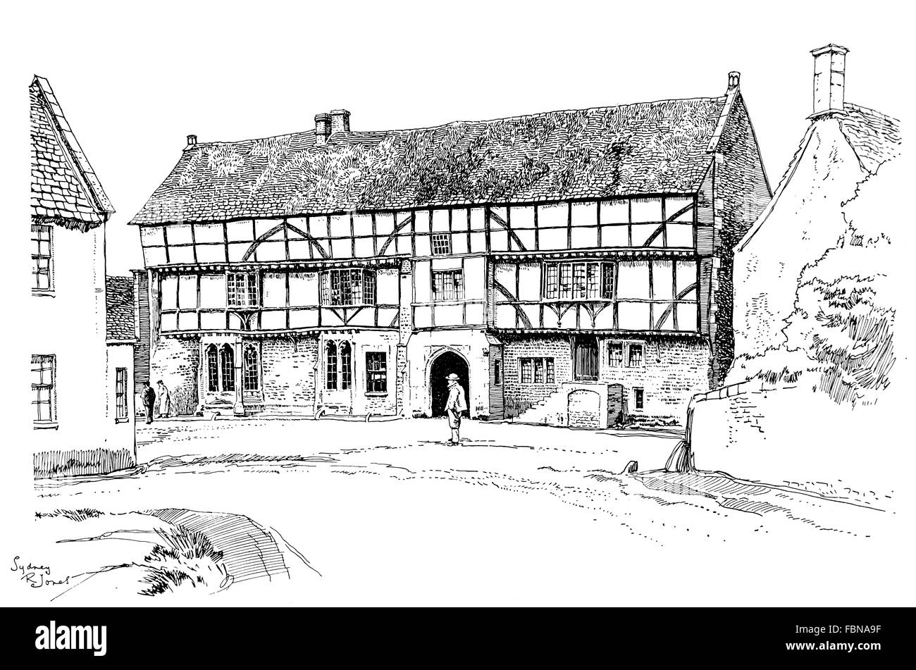 UK, England, Somerset, Norton St Philip, The George Inn, claimed to be Britain's oldest tavern. 1911 line illustration Stock Photo