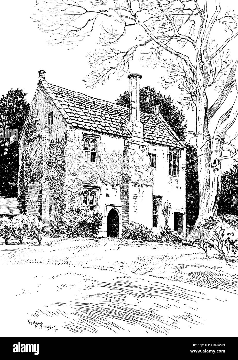 UK, England, Dorset, Trent, The Chantry, old 1400s house covered in creeper, 1911 line illustration by, Sydney R Jones Stock Photo