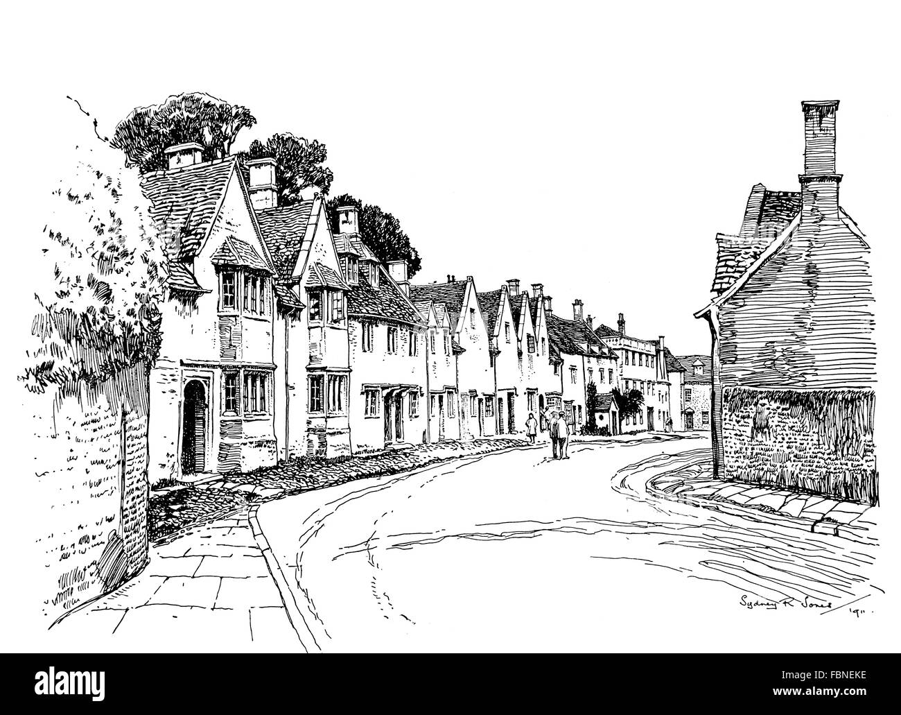 UK, England, Wiltshire, Corsham, old houses in High Street, 1911 line illustration by, Sydney R Jones, from The Studio Magazine Stock Photo