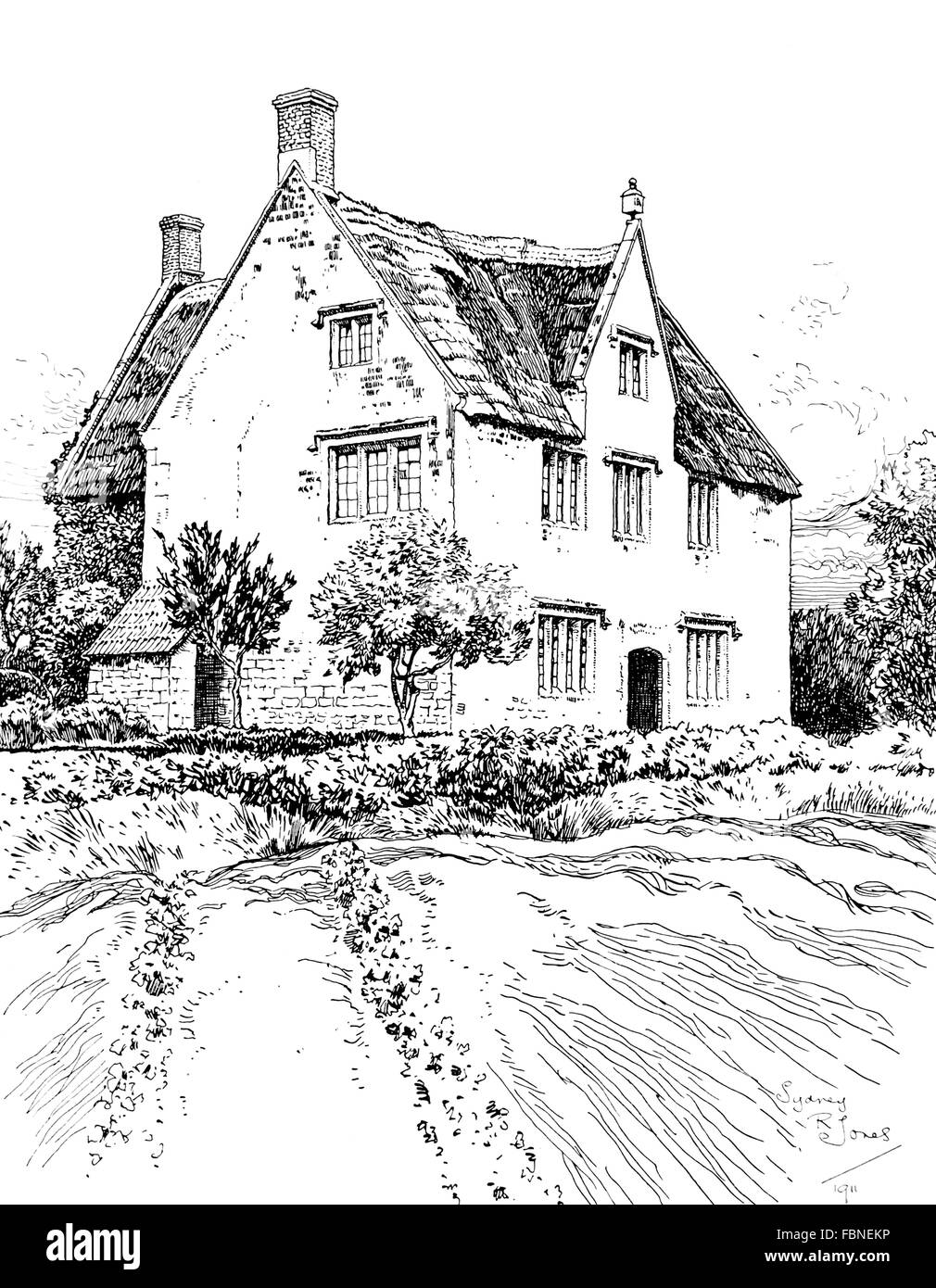 UK, England, Somerset, Aldhampton, old house, 1911 line illustration by, Sydney R Jones, from The Studio Magazine's 1912 Les Hab Stock Photo