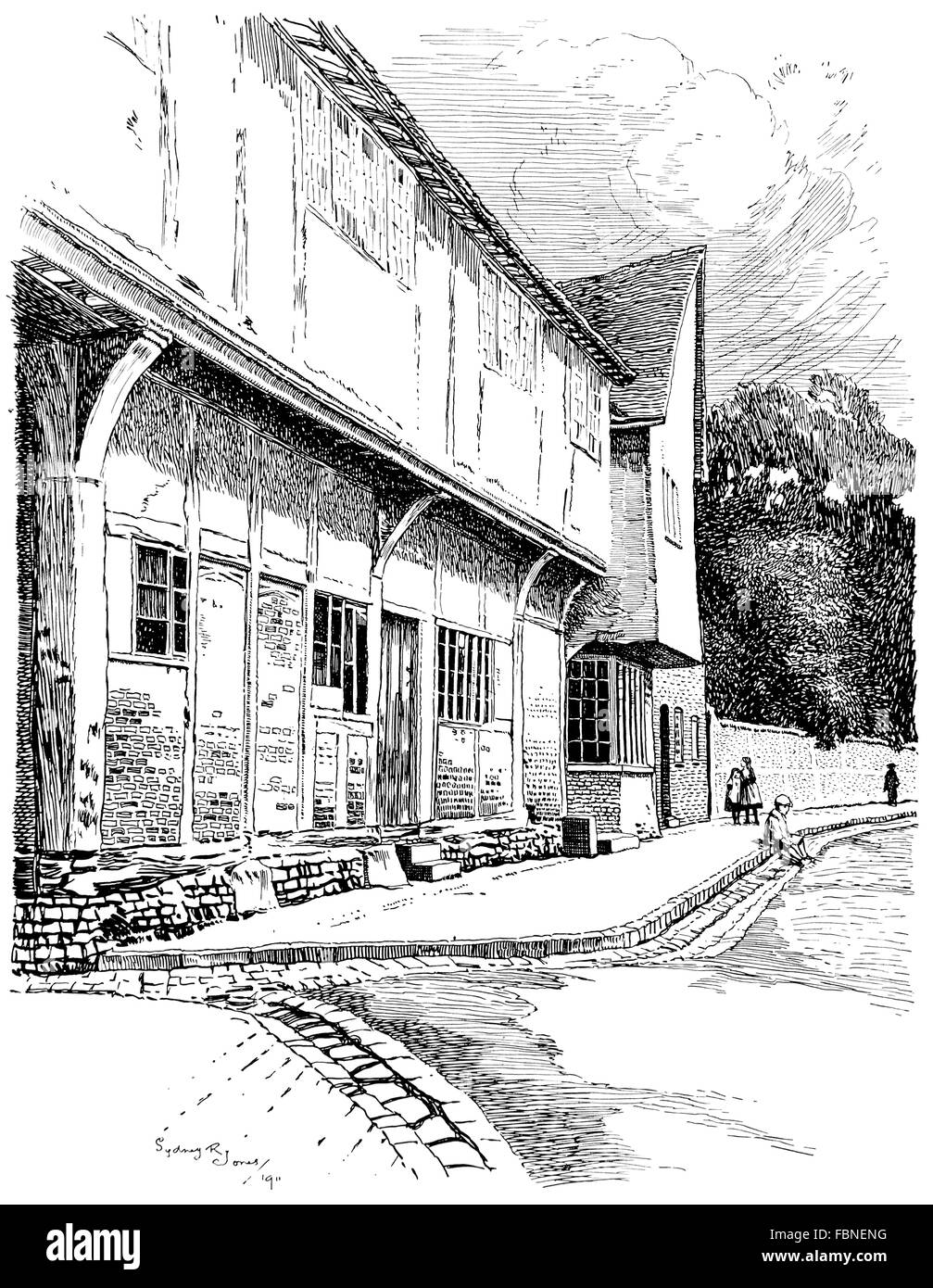 UK, England, Buckinghamshire, West Wycombe, Church Loft, 15th Century Pilgrim's lodging house, 1911 line illustration Stock Photo