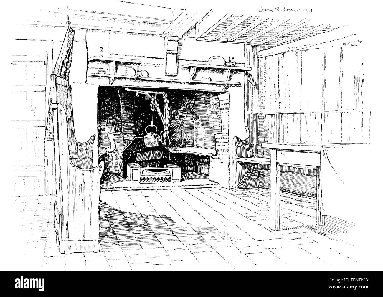 UK, England, Berkshire, East Hendred, cottage kitchen hearth, 1911 line illustration by, Sydney R Jones Stock Photo