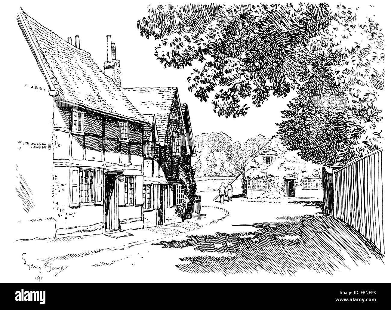 UK, England, Berkshire, Sonning village, old cottages in High Street, 1911 line illustration by, Sydney R Jones Stock Photo