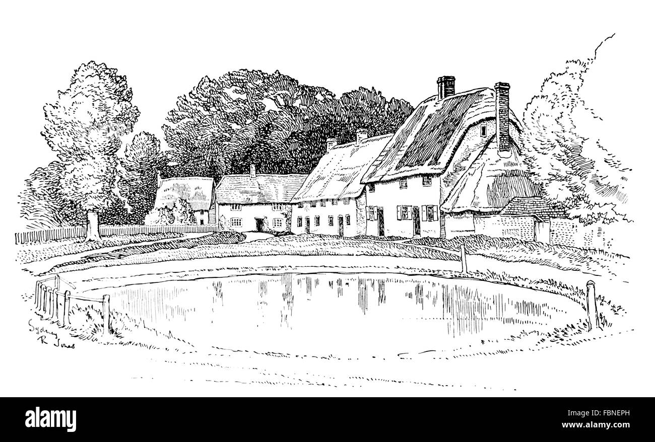 UK, England, Berkshire, Childrey old cottages beside village pond in 1911, line illustration by, Sydney R Jones Stock Photo