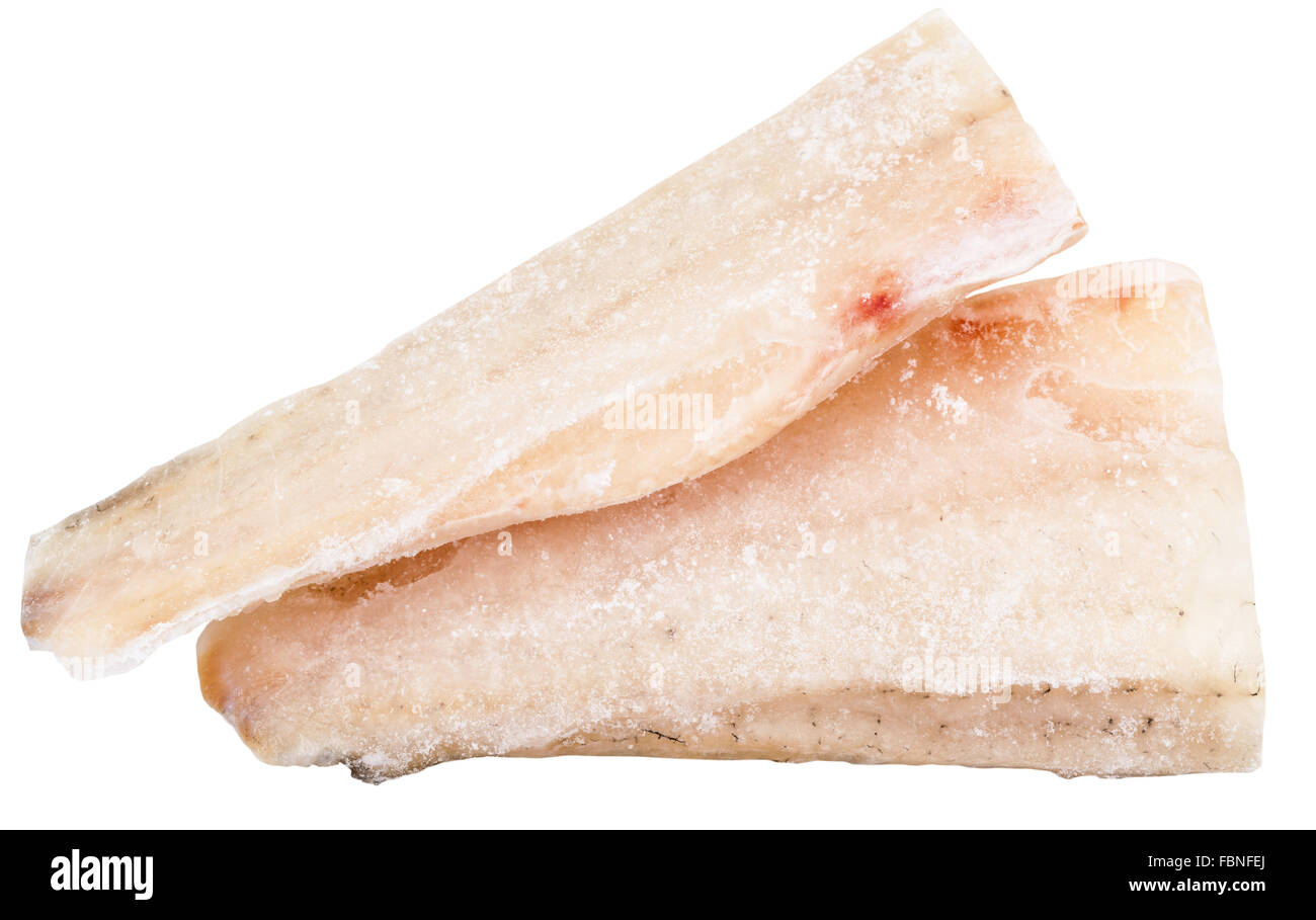 two frozen zander (pike-perch) fish fillets isolated on white background Stock Photo