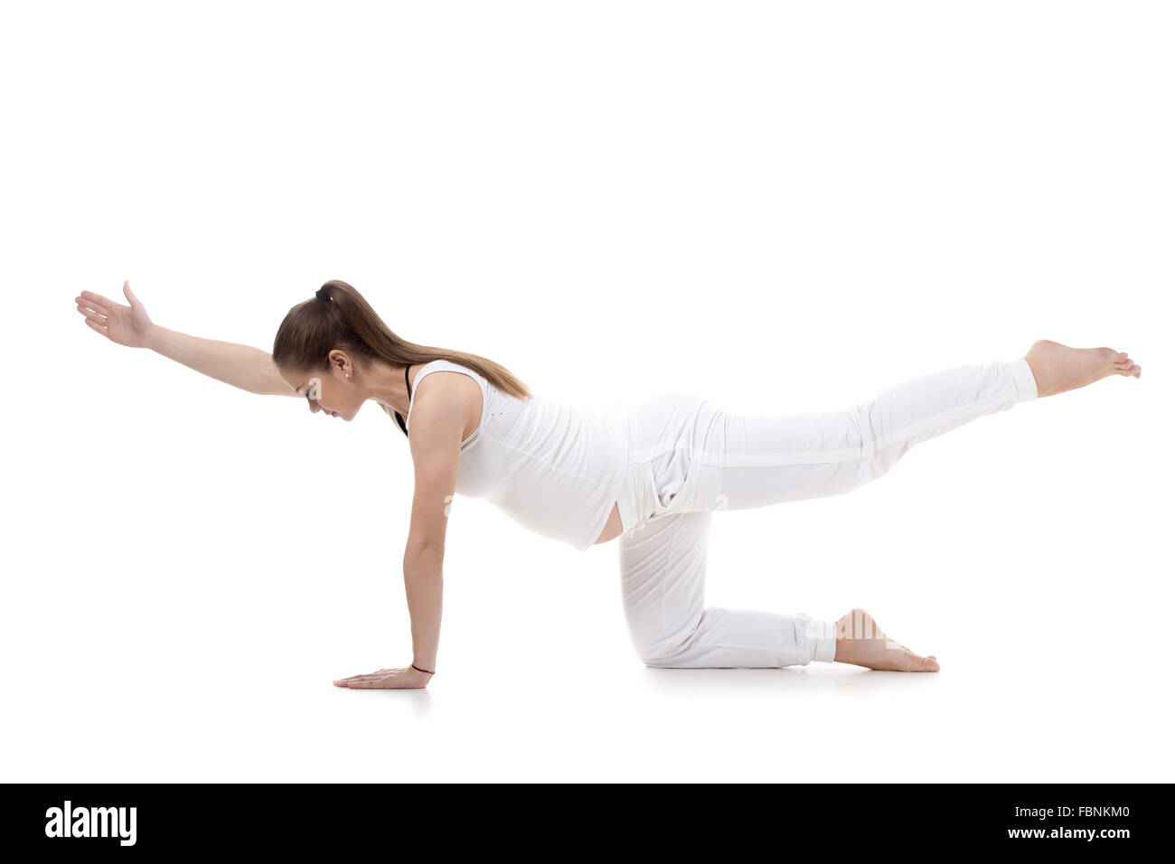 Full length portrait of young pregnant fitness model in sportswear doing yoga, pilates training, balance exercise bird dog Stock Photo