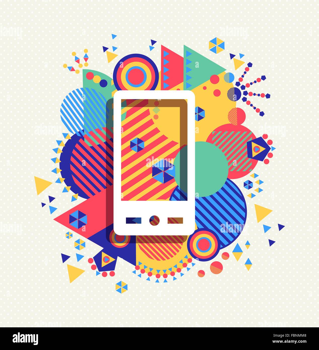 Mobile cell phone icon app poster illustration with colorful vibrant geometry shapes background. Social media concept. EPS10 Stock Vector