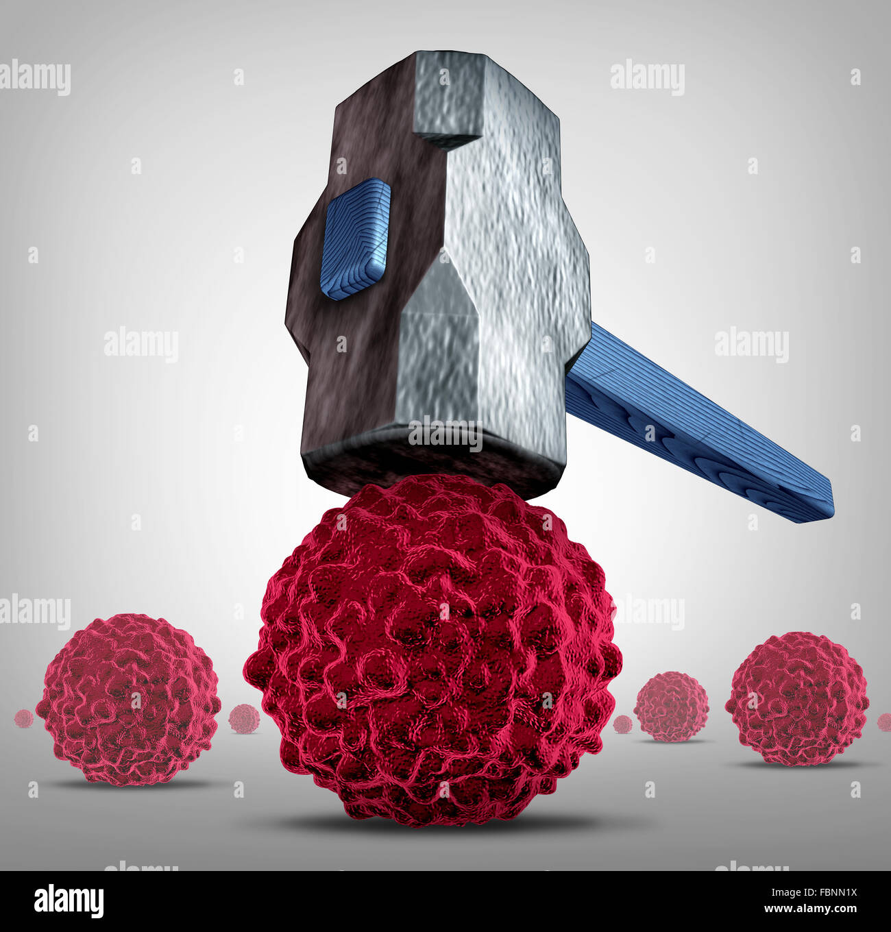 Crush cancer concept as a heavy sledgehammer or hammer crushing and smashing,a cancerous cell as a health care medical symbol for a research or pharmaceutical cure to fight the dangerous disease with life saving treatments. Stock Photo